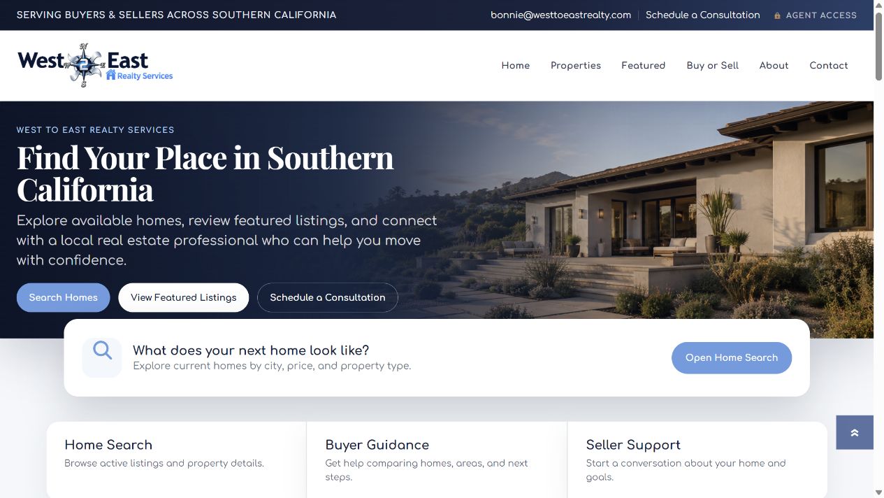 West To East Realty homepage preview
