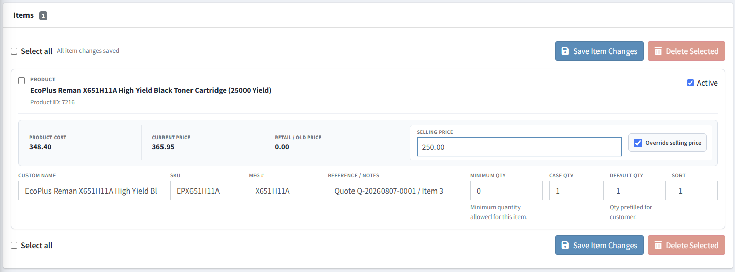 Quick Order Form items retaining quote pricing