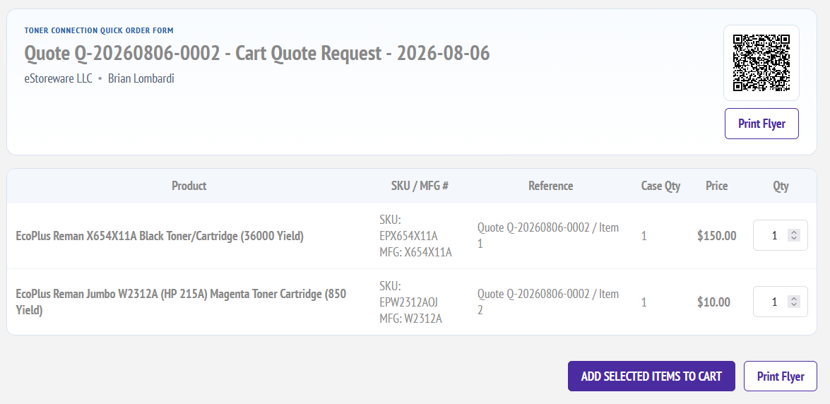 Public Quick Order Form generated from a quote