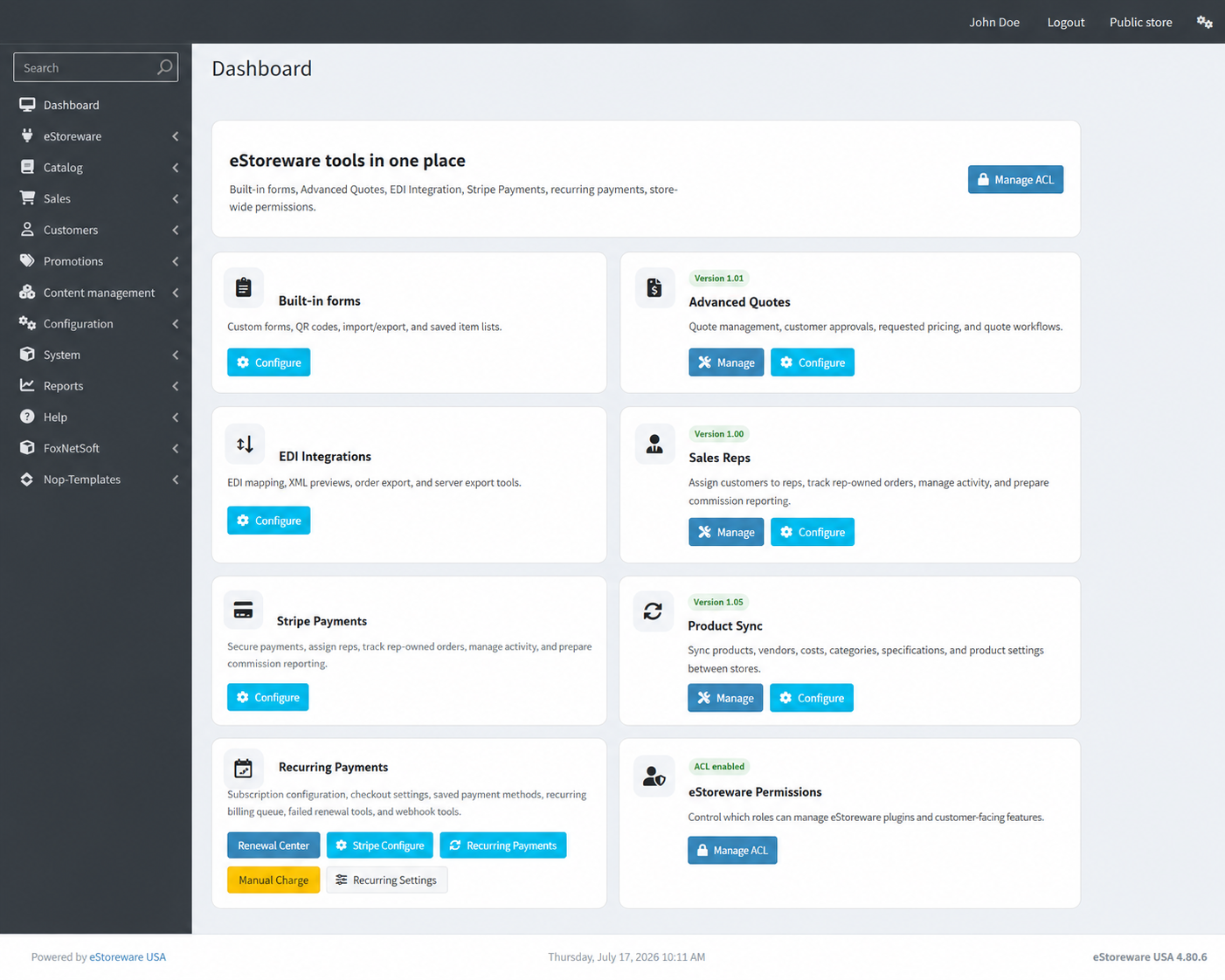eStoreware Core dashboard showing installed tools