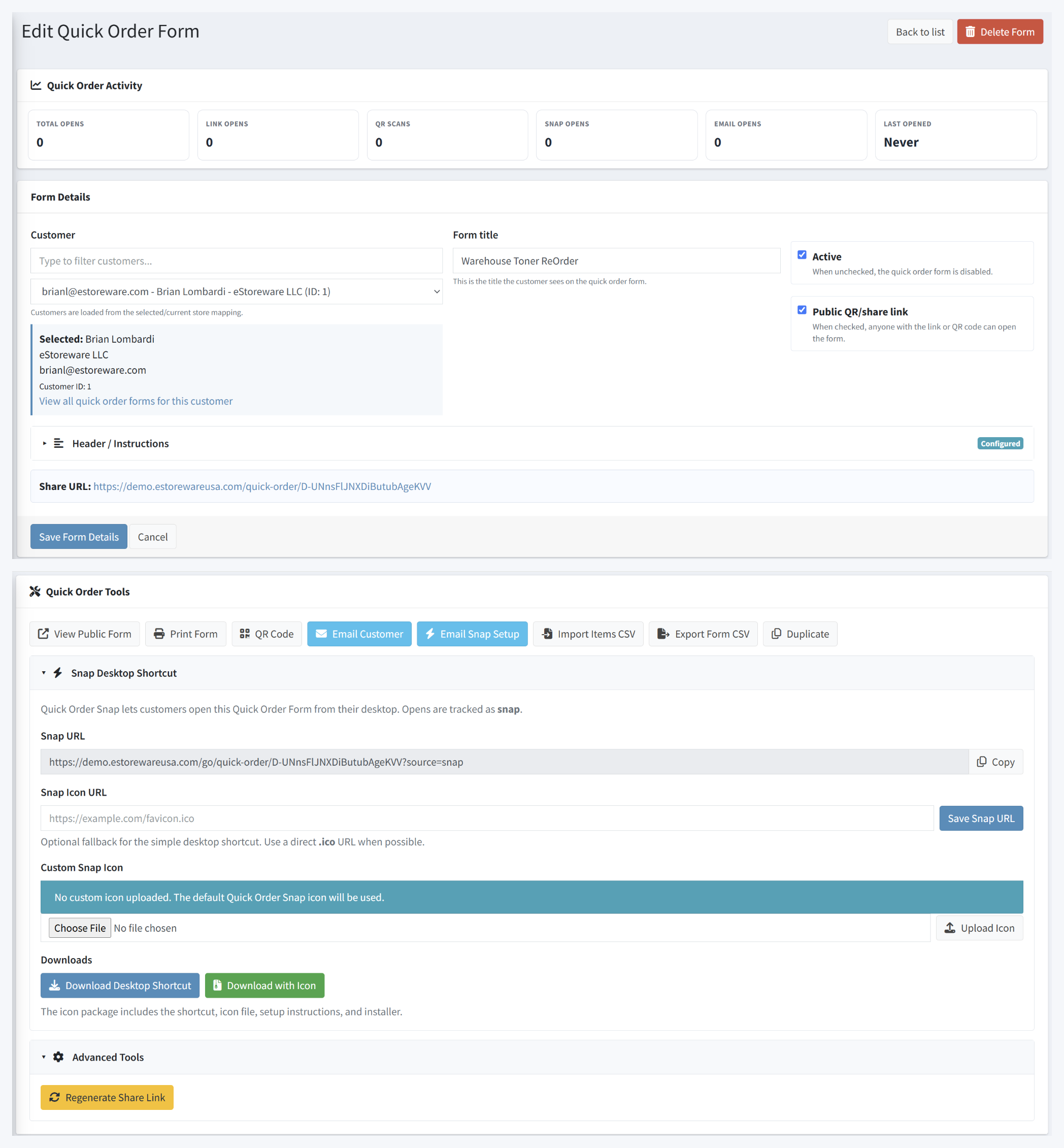 Quick Order Forms Pro administration tools