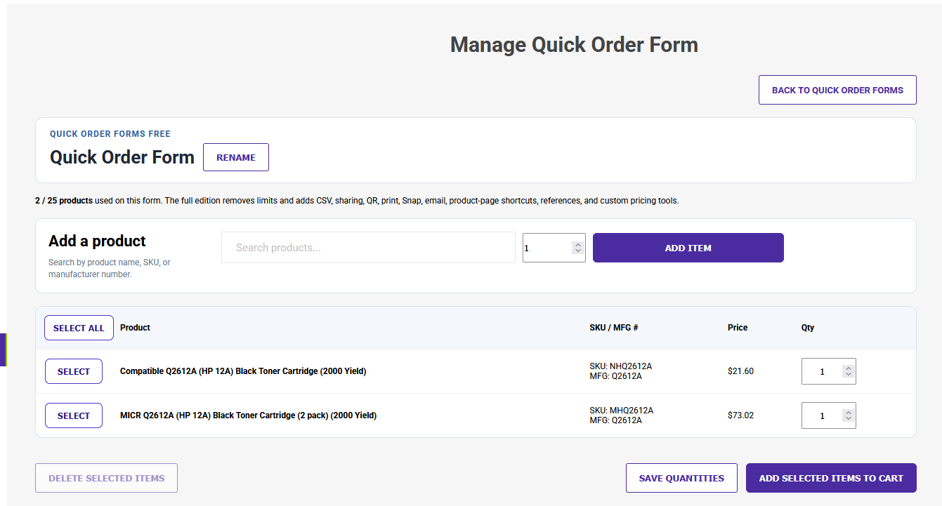 Customer managing products and quantities in Quick Order Forms Free