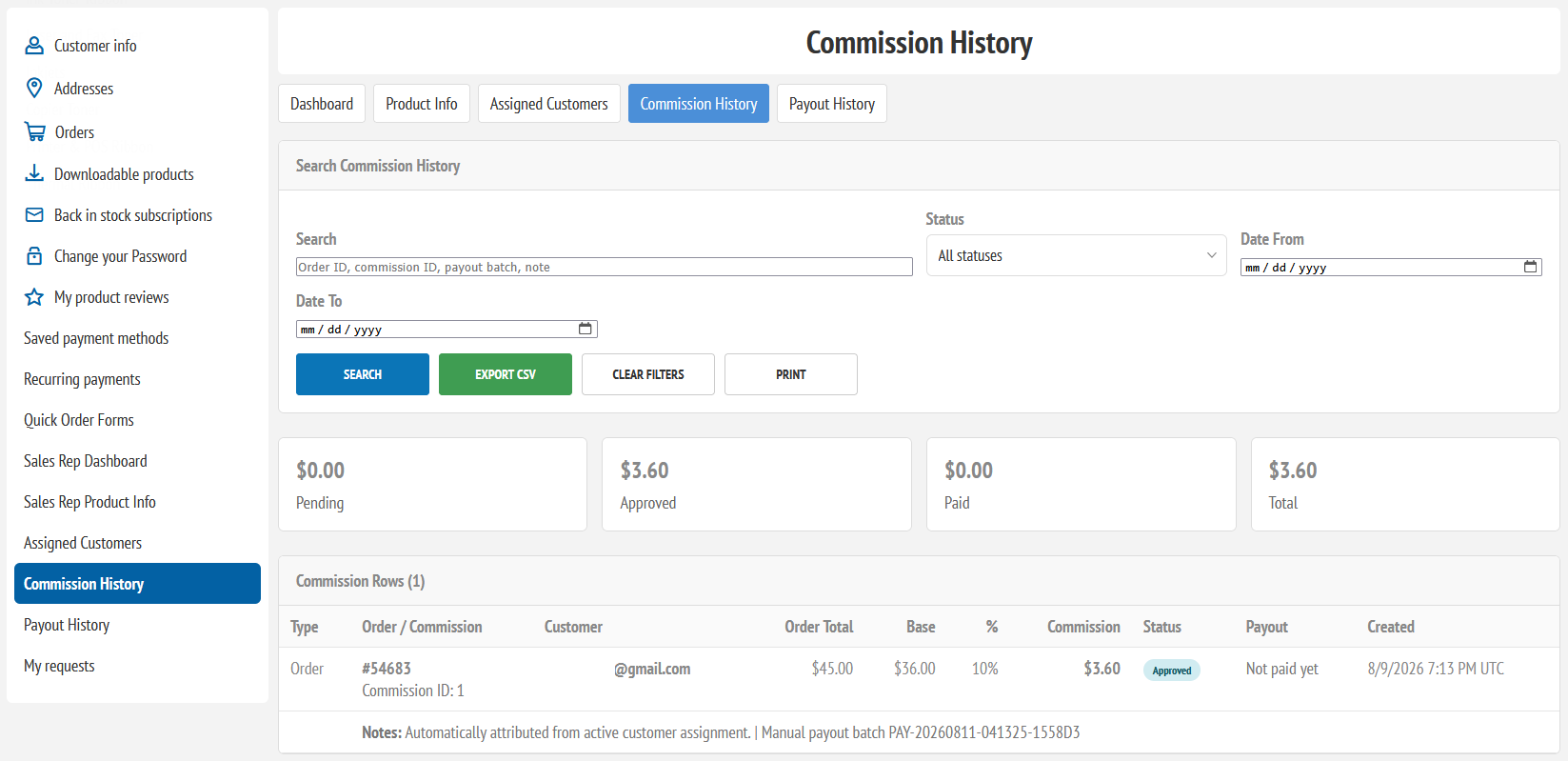 Commission history and payout references