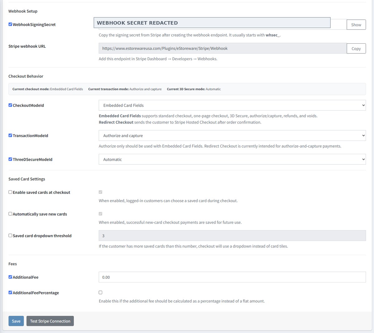 Webhook and checkout behavior settings