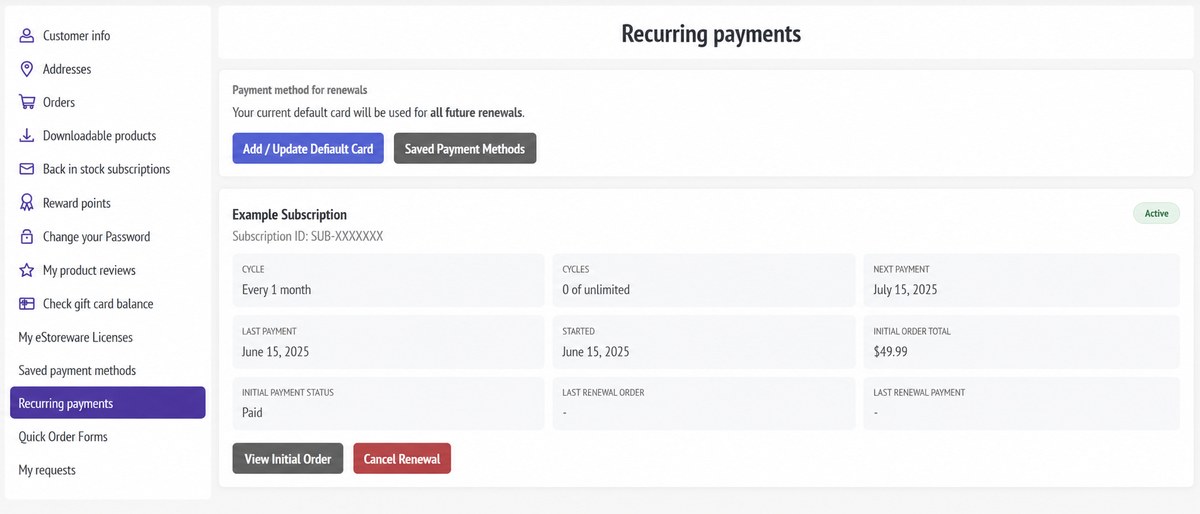 Customer recurring page