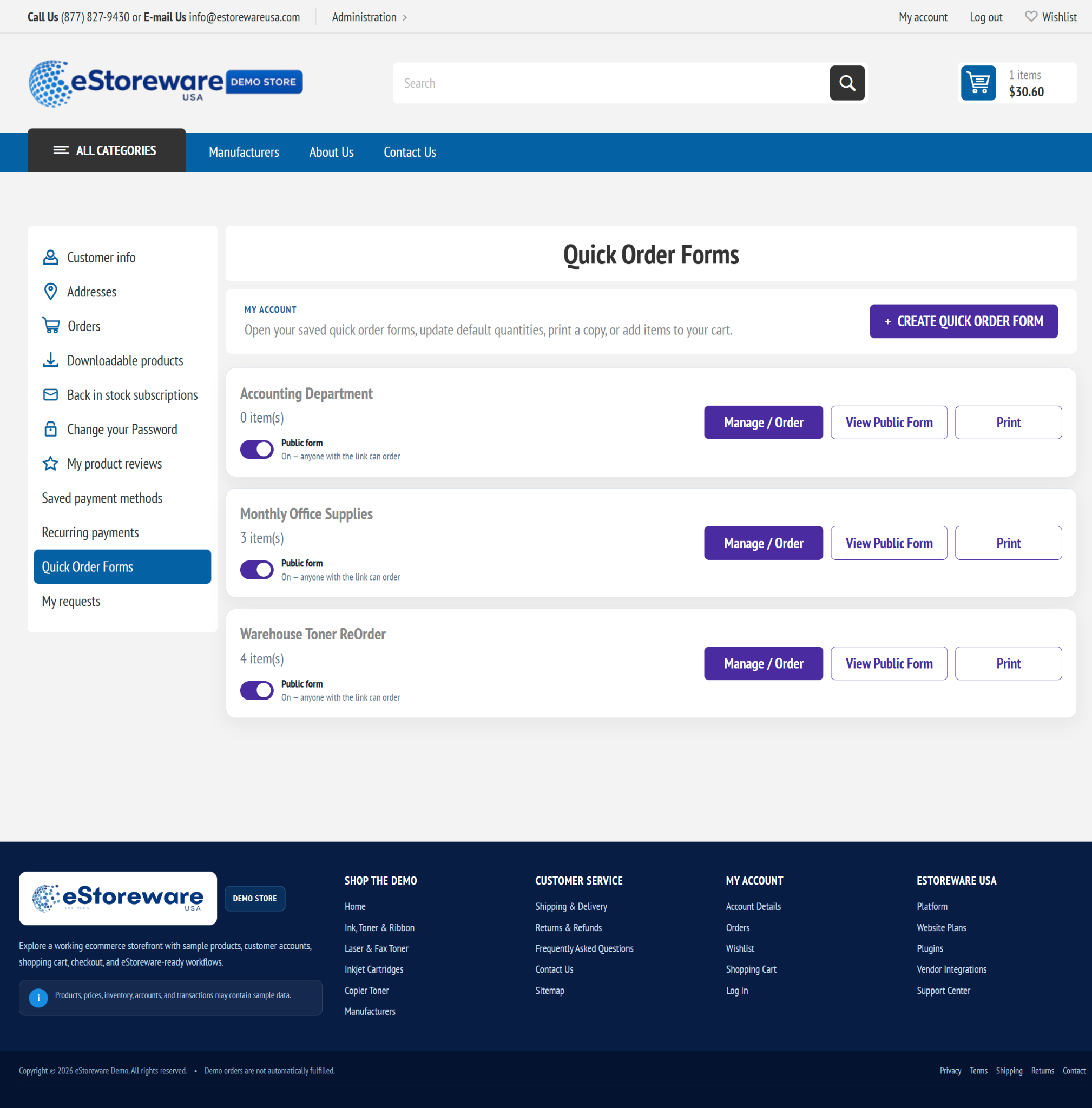 Quick Order Forms list