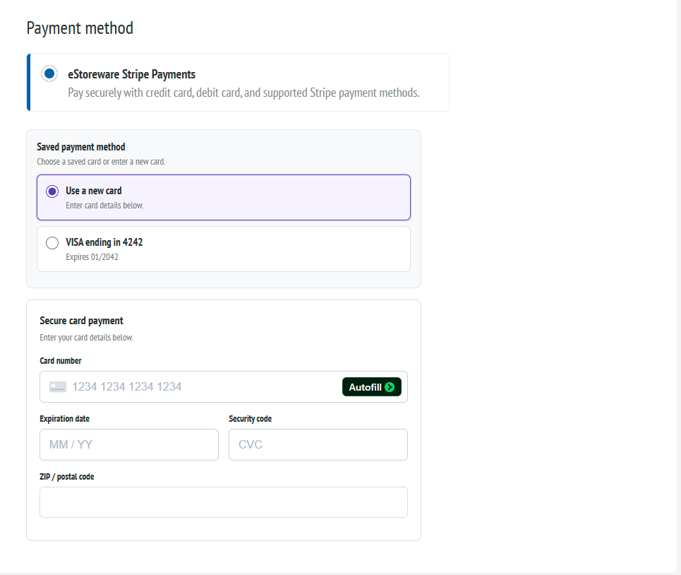 Desktop Stripe saved-card selection and secure card-entry fields