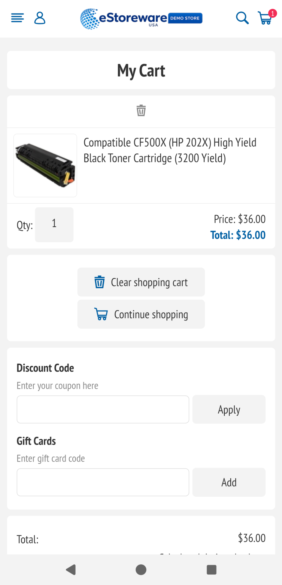 Mobile shopping cart with product, quantity, discounts, and gift cards