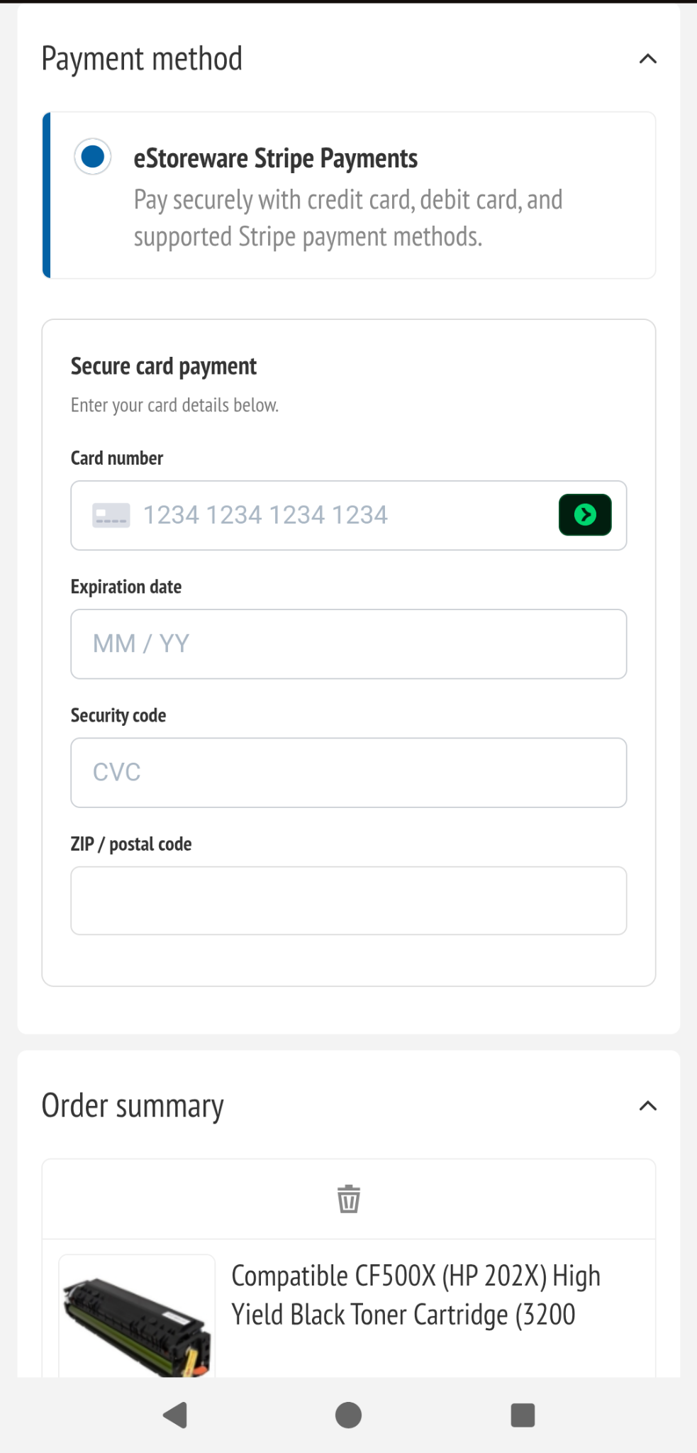 Mobile Stripe payment and order-summary sections
