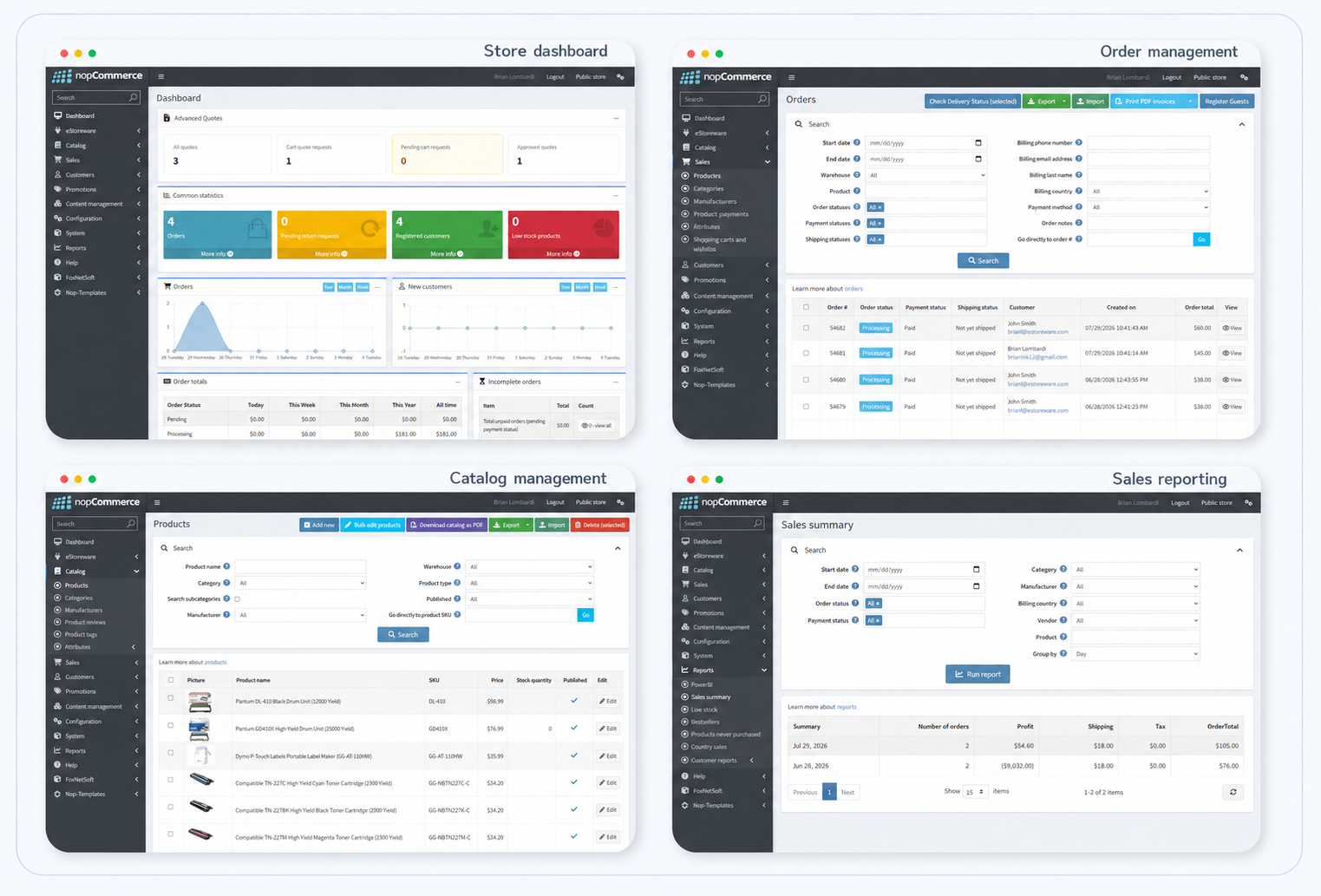 Dashboard, orders, products, and reporting