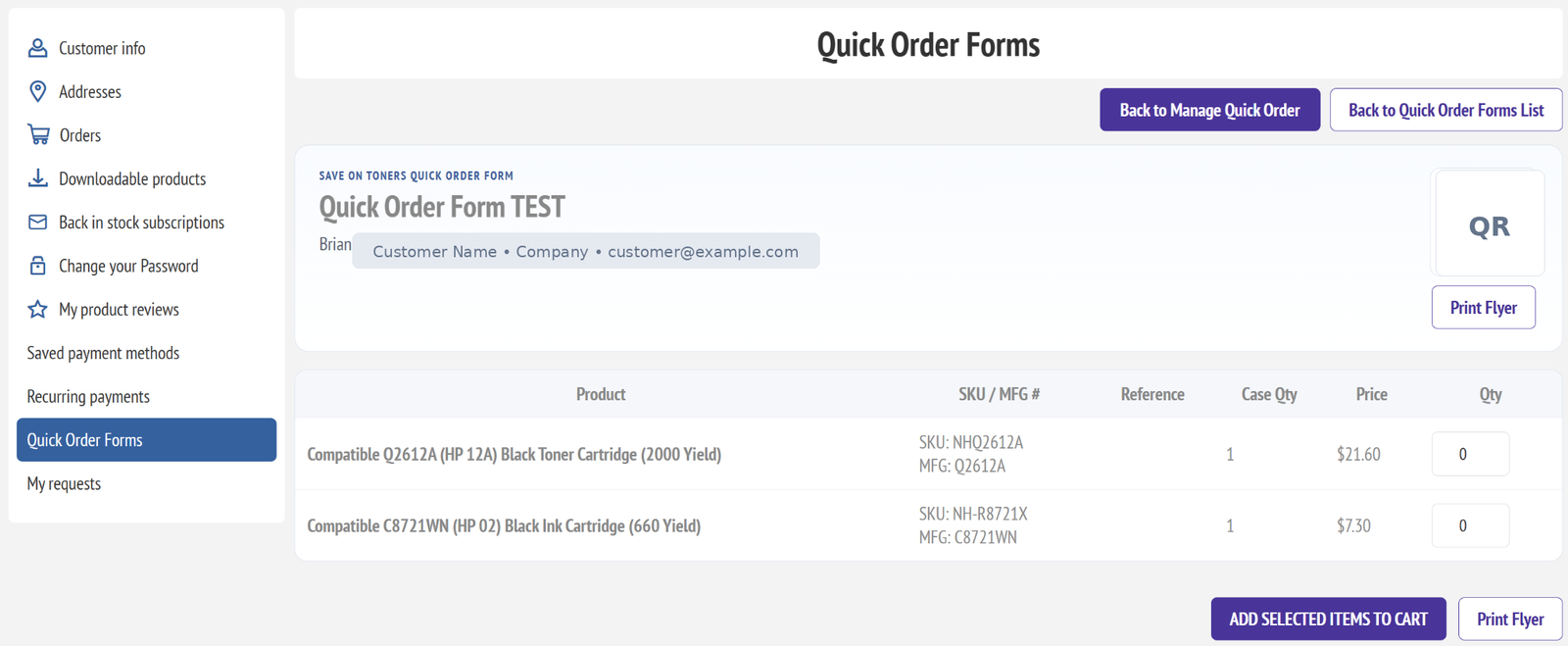 Quick Order Forms inside a customer account