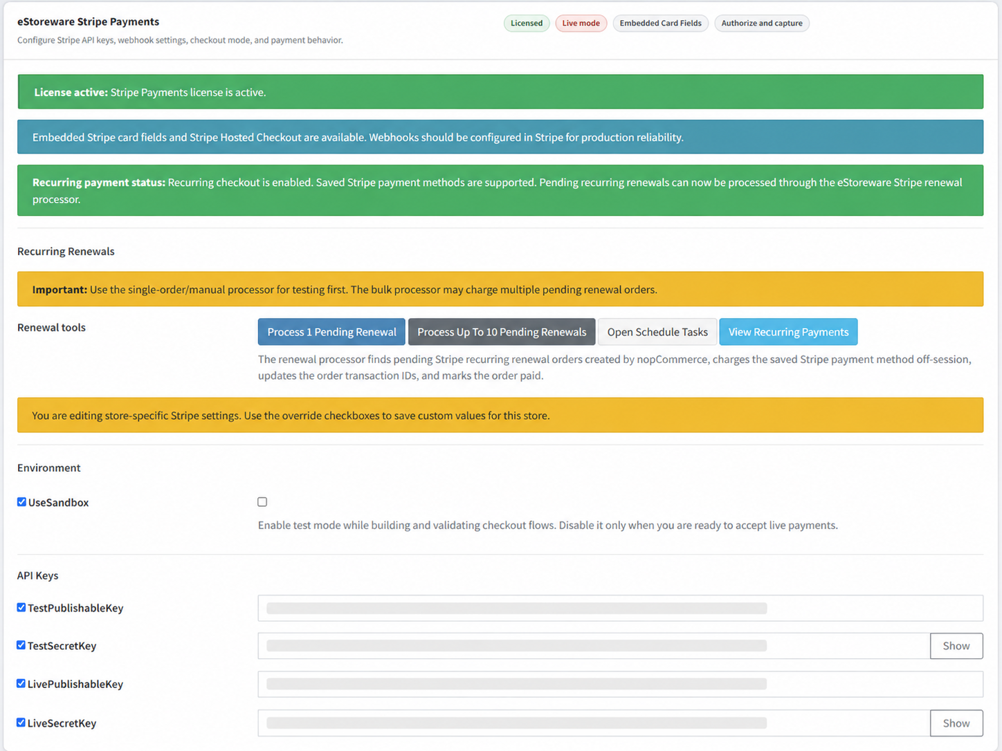 Stripe admin settings page