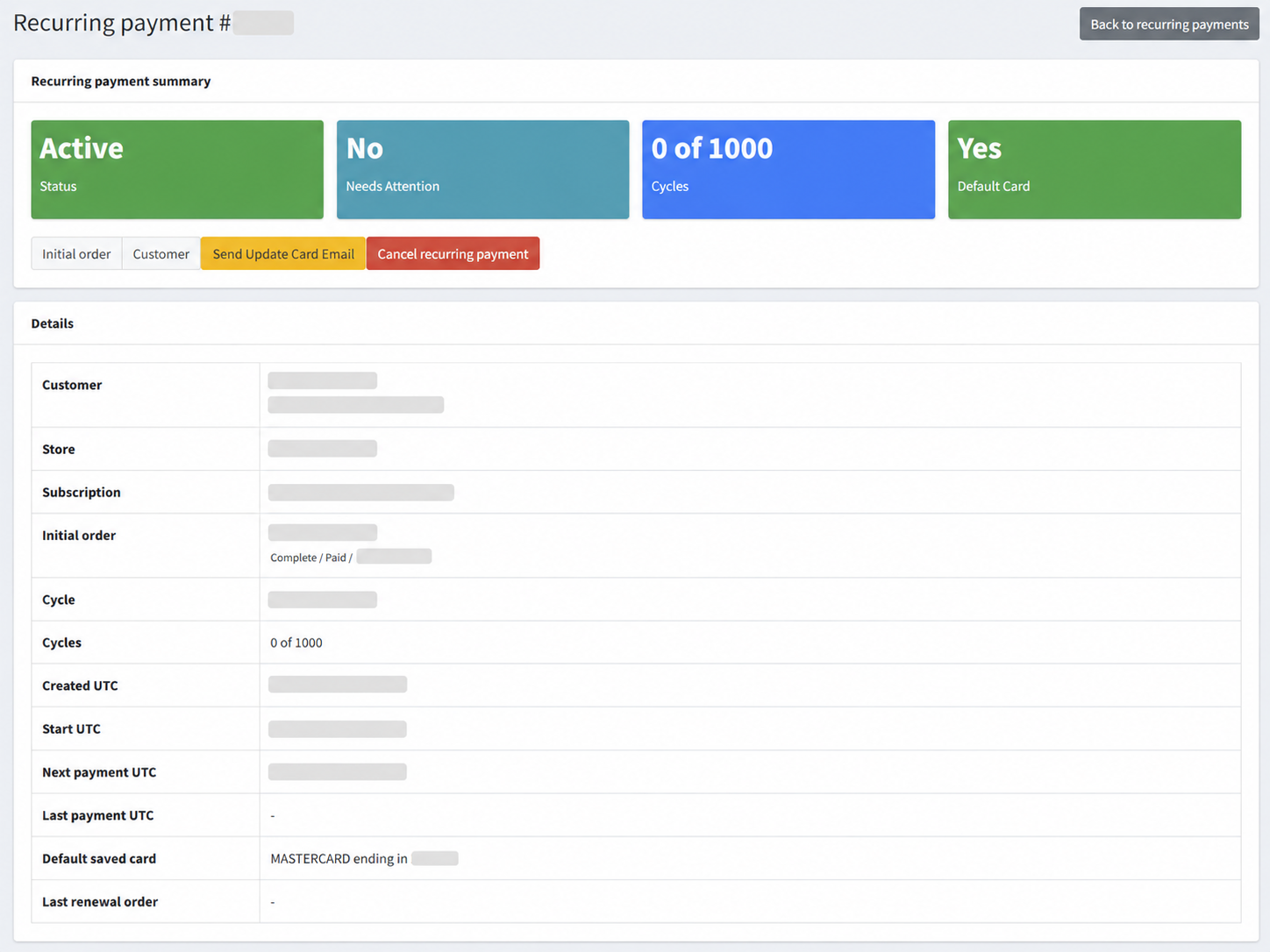 Recurring payment details dashboard