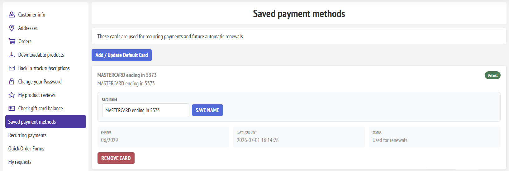 Saved payment methods in My Account